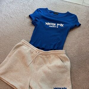 White Fox Boutique Blue Tee and Cream Shorts Set